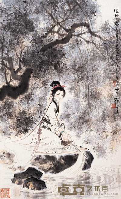 顾炳鑫 丙寅（1986年）作 西施浣纱图 轴 83×50cm